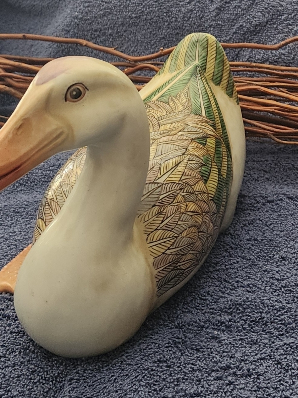 Hand Crafted Ceramic Duck Figurine in Cream, Green and Gold